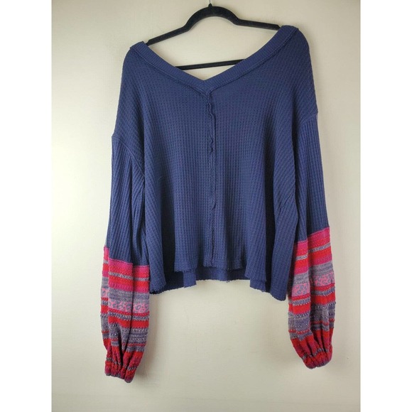 Free People Small Copenhagen Thermal Top Balloon Sleeve Oversized Waffle Knit - Picture 5 of 11